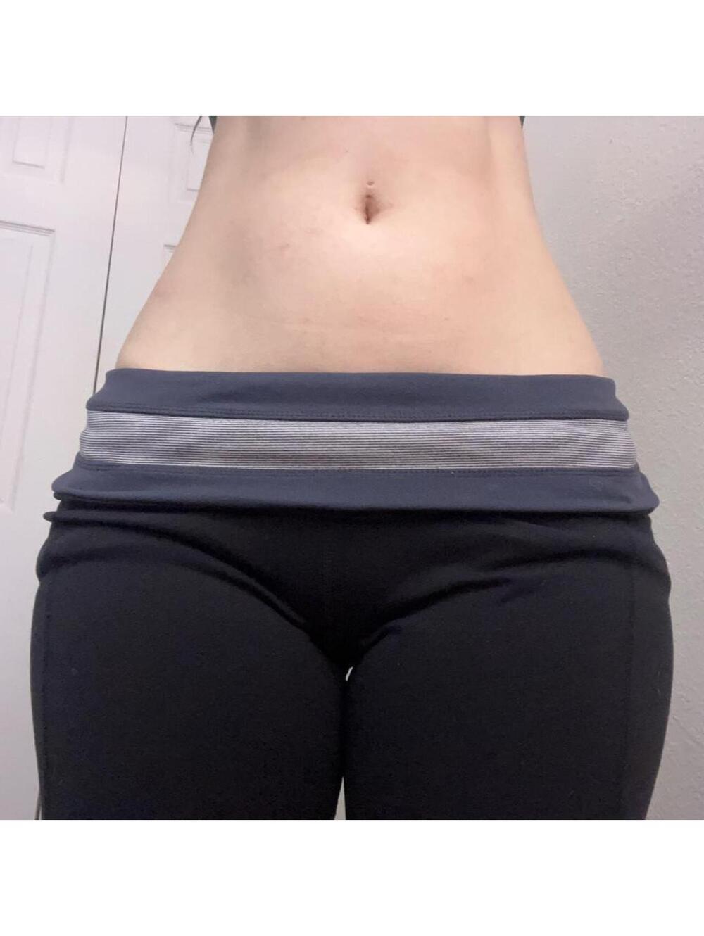 Black flare leggings with gray horizontal stripe waistband